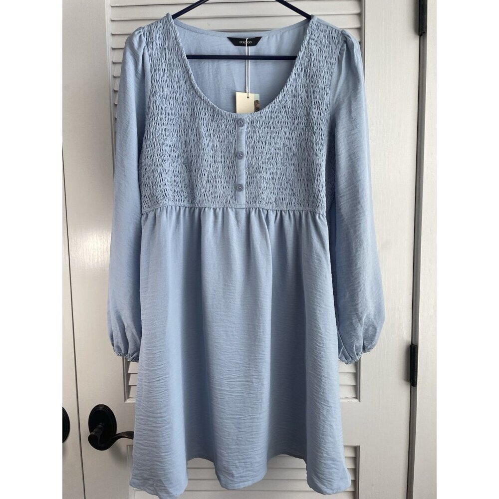Dokotoo Lt Blue Smocked Button Up Long Sleeve Empire Waist Dress Sz S NWT